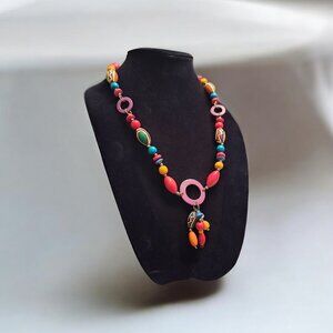 Chunky Wooden Bead Necklace Bright Colorful Geometric‎ Patterns Hook Clasp 90s